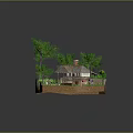 Small Cottage With Red Door Surrounded By Trees And Garden Path Plants 3d model