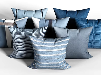 Blue Decorative Throw Pillows with Striped Textured and Solid Patterns for Modern Home Decor 3d model