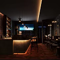 Industrial Bar Interior Design With Brick Wall Hanging Lights Counter Tables And Drink Shelves