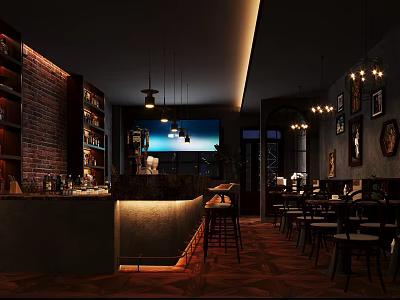 Industrial Bar Interior Design With Brick Wall Hanging Lights Counter Tables And Drink Shelves 3d model