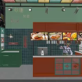 Vibrant Restaurant Interior With Colorful Ceiling Orange Counter Green Walls And Wooden Tables