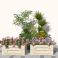 Outdoor Beige Flower Planters With Pink Flowers And Green Plants On Patio