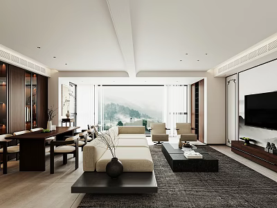 Modern Living and Dining Room Interior With Sofa Coffee Table And Mountain View 3d model