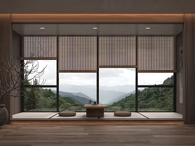 Bamboo Curtains in Japanese Style Room with Mountain View Wooden Floor Tea Table and Cushions 3d model