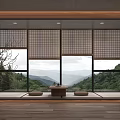 Bamboo Curtains in Japanese Style Room with Mountain View Wooden Floor Tea Table and Cushions