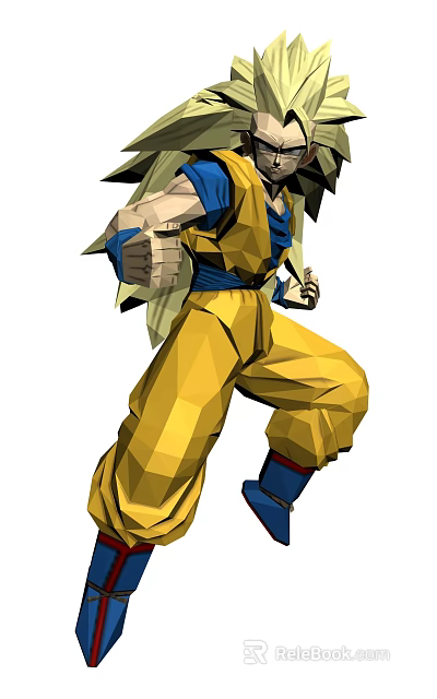 Game Movie Character with Long Spiky Hair in Dynamic Battle Pose Yellow Pants Blue Outfit 3d model 