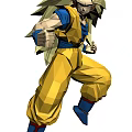 Game Movie Character with Long Spiky Hair in Dynamic Battle Pose Yellow Pants Blue Outfit