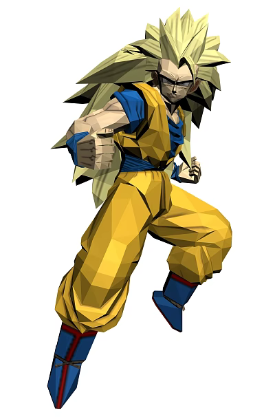 Game Movie Character with Long Spiky Hair in Dynamic Battle Pose Yellow Pants Blue Outfit 3d model