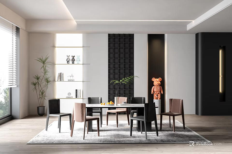 Modern Restaurant Interior With Dining Table Chairs Green Plant And Decorative Elements 3d model 