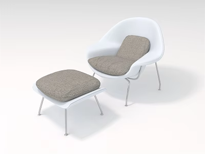 Modern Minimalist White Lounge Chair With Light Brown Upholstered Ottoman And Metal Legs 3d model