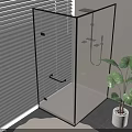 Modern Square Glass Shower Enclosure with Black Frame Shower Head Gray Tiles and Green Plant
