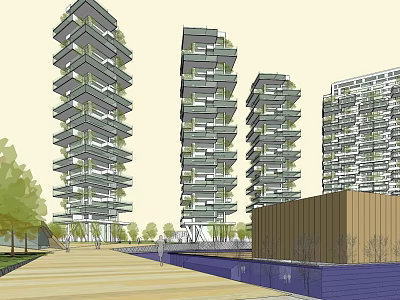 Modern High Rise Buildings With Green Balconies Walkway Trees And Architectural Design 3d model