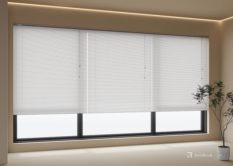 White Window Blinds in Modern Interior Design With Large Windows And Indoor Plant 3d model 