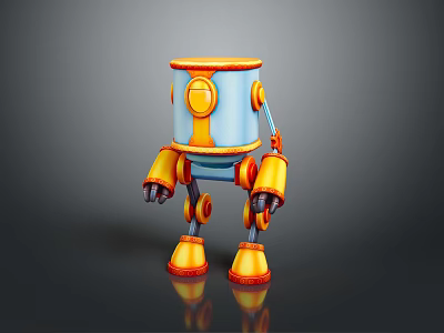 Game Movie Character Robot 3D Model With Blue Orange Cylindrical Body Mechanical Arms Legs 3d model