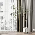 Elegant Gray Curtains with Sheer White Panels in Modern Living Room City Building View