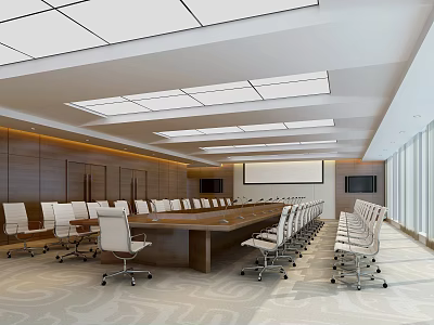 Spacious Bright Conference Room With Long Wooden Table White Chairs And Projector Screen 3d model