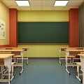 School Classroom Interior With Desks Chairs Blackboard Clock And Now Think Here 3d model