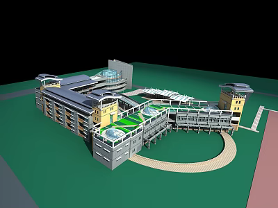 Modern Building Complex 3D Model With Green Roof And Curved Walkway 3d model