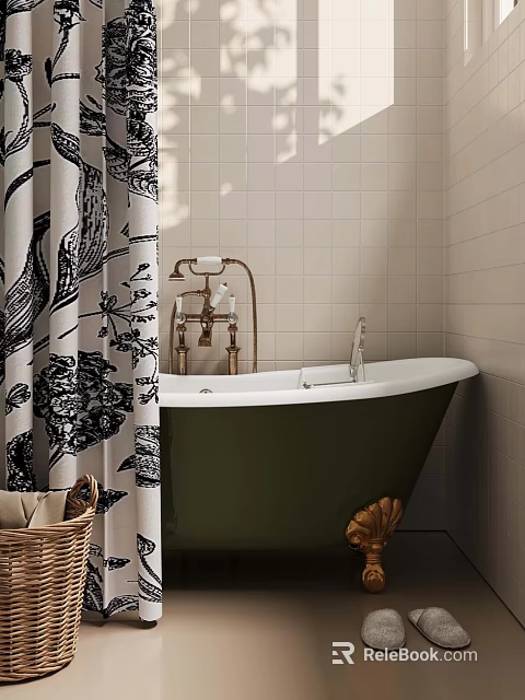 Vintage Green Bathtub With Golden Claw Feet And Black White Floral Shower Curtain 3d model 