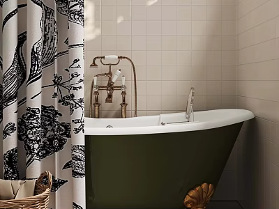 Vintage Green Bathtub With Golden Claw Feet And Black White Floral Shower Curtain 3d model