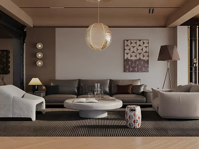 Modern Living Room With Gray Sofa Round Coffee Table Pendant Light And Wall Art 3d model