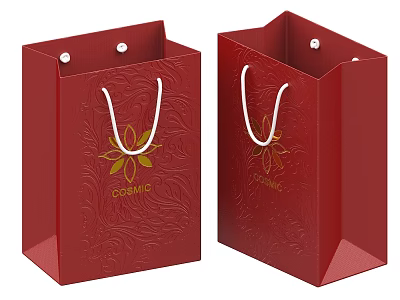 Red Gift Bags With Embossed Patterns Yellow Flower Design And White Handles 3d model