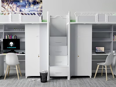 White Bunk Bed With Study Area Desk Chair Storage Cabinet And Bookshelf 3d model