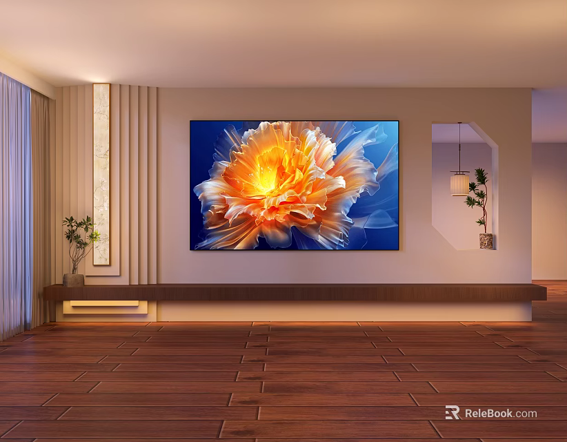 Modern TV Background Wall Featuring Vibrant Orange Yellow Flower Art And Decorative Plants 3d model 