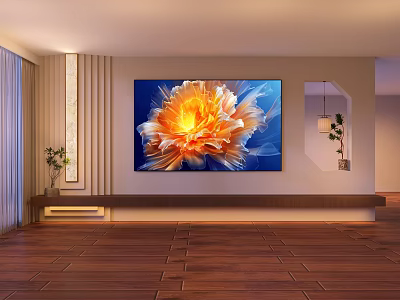 Modern TV Background Wall Featuring Vibrant Orange Yellow Flower Art And Decorative Plants 3d model