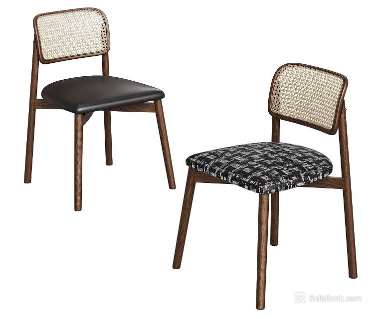Modern Wooden Dining Chairs With Rattan Backrest Leather And Patterned Fabric Seats 3d model