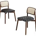 Modern Wooden Dining Chairs With Rattan Backrest Leather And Patterned Fabric Seats 3d model