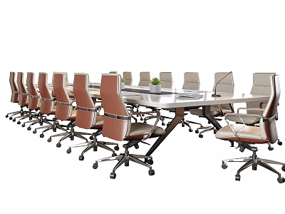Modern Conference Table With Ergonomic Rolling Chairs Microphone And Green Plant Decoration 3d model