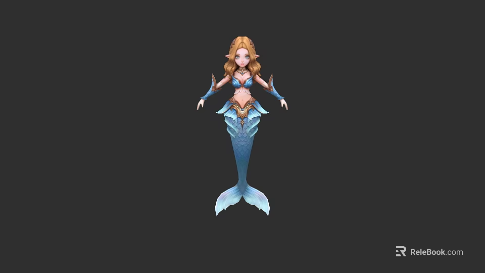 3D Model of a Woman as Mermaid with Blue Tail and Brown Curly Hair 3d model 