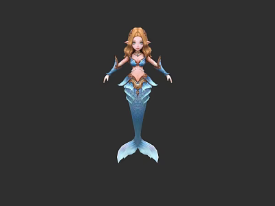 3D Model of a Woman as Mermaid with Blue Tail and Brown Curly Hair 3d model
