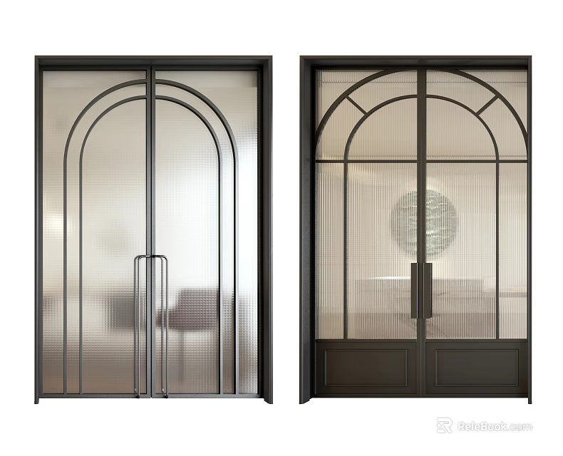 Modern Black Frame Sliding Doors With Arched Design Frosted Glass And Grid Pattern For Interior 3d model 