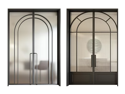 Modern Black Frame Sliding Doors With Arched Design Frosted Glass And Grid Pattern For Interior 3d model