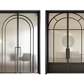 Modern Black Frame Sliding Doors With Arched Design Frosted Glass And Grid Pattern For Interior