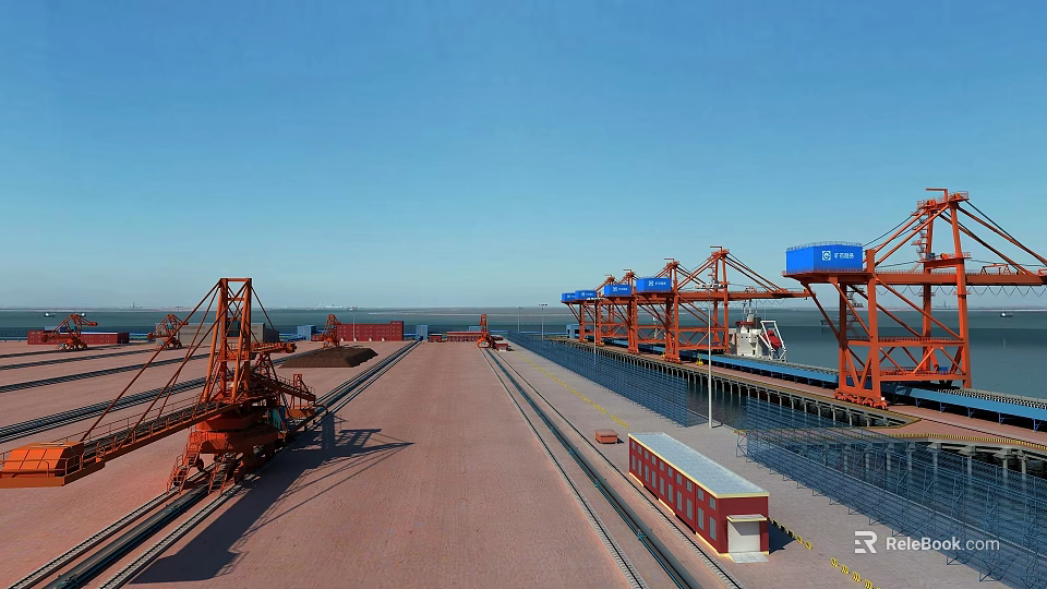Spacious Industrial Plant Area With Red Cranes Blue Sky Water View And Rail Tracks 3d model 