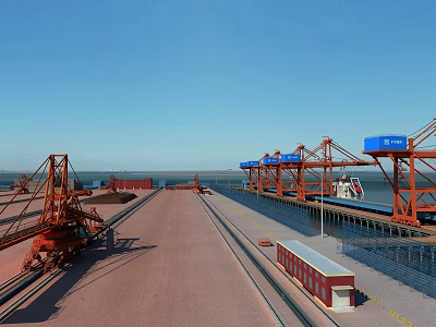 Spacious Industrial Plant Area With Red Cranes Blue Sky Water View And Rail Tracks 3d model