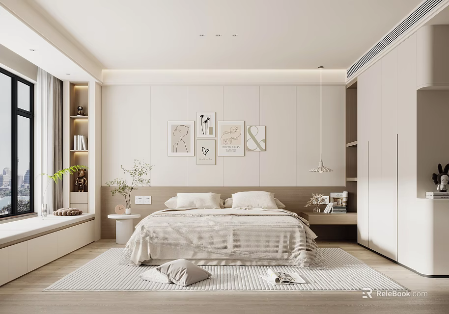 Modern Bedroom Interior Design With Beige Bed Wall Art And Floor To Ceiling Window 3d model 