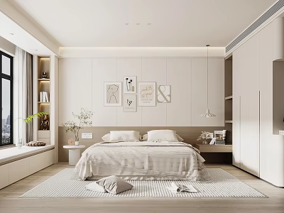 Modern Bedroom Interior Design With Beige Bed Wall Art And Floor To Ceiling Window 3d model