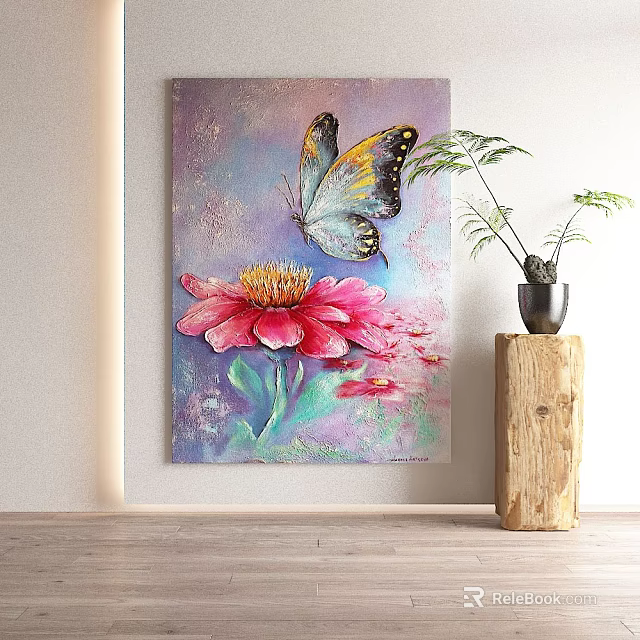 Vibrant Butterfly And Flower Painting With Potted Plant On Wooden Stand 3d model 
