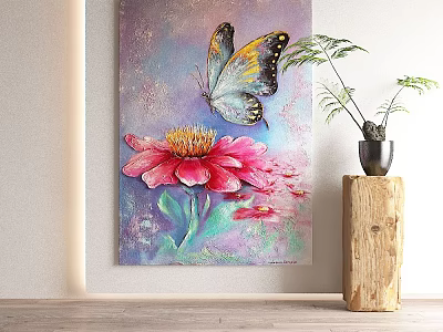 Vibrant Butterfly And Flower Painting With Potted Plant On Wooden Stand 3d model