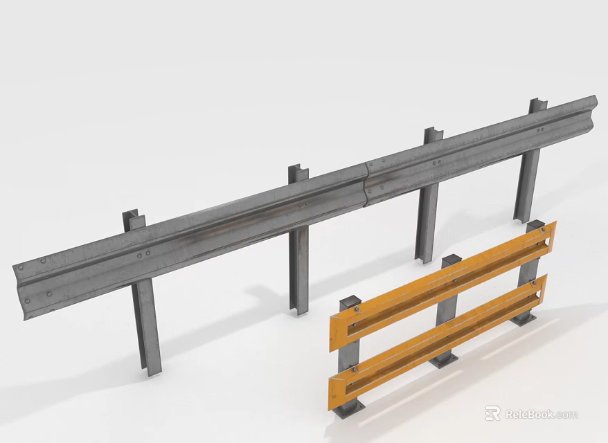 Different Types of Guardrails Including Gray Metal and Orange Horizontal Bar Designs with Support Posts 3d model 