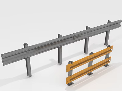 Different Types of Guardrails Including Gray Metal and Orange Horizontal Bar Designs with Support Posts 3d model
