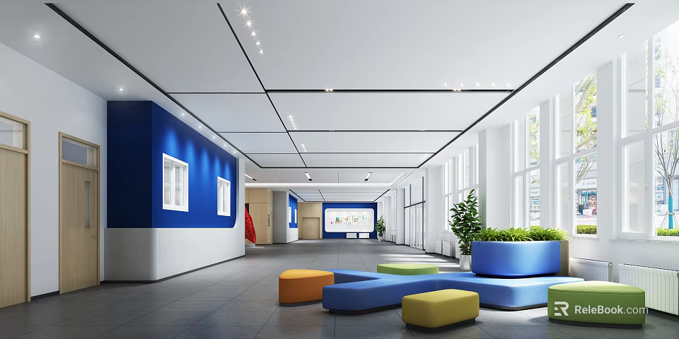 School Long Corridor with Blue Walls White Sections Windows Colorful Stools and Potted Plants 3d model 