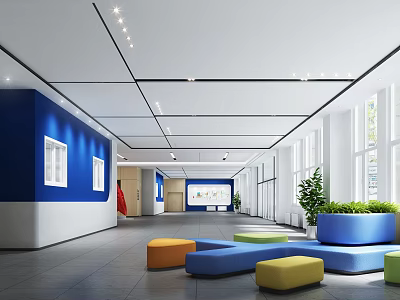 School Long Corridor with Blue Walls White Sections Windows Colorful Stools and Potted Plants 3d model