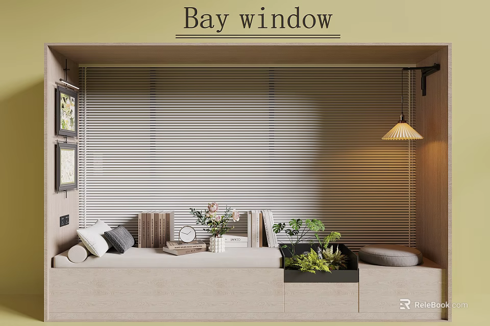 Cozy Beige Bay Window Area With Blinds Cushions Books Green Plants And Hanging Lamp 3d model 