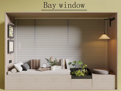 Cozy Beige Bay Window Area With Blinds Cushions Books Green Plants And Hanging Lamp 3d model