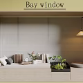 Cozy Beige Bay Window Area With Blinds Cushions Books Green Plants And Hanging Lamp